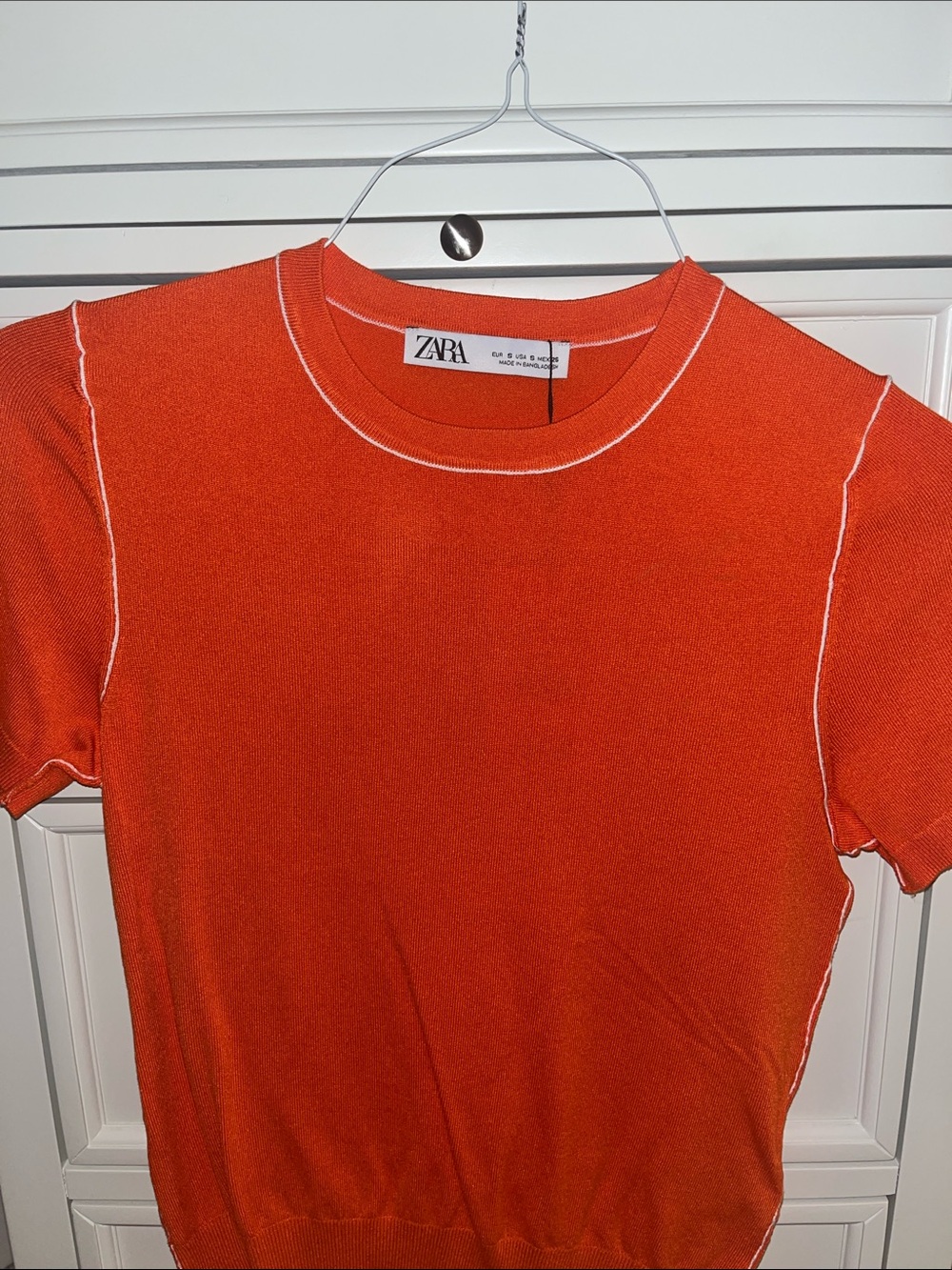 ZARA Bright Orange Short Sleeve Knit with White Contrast Seams